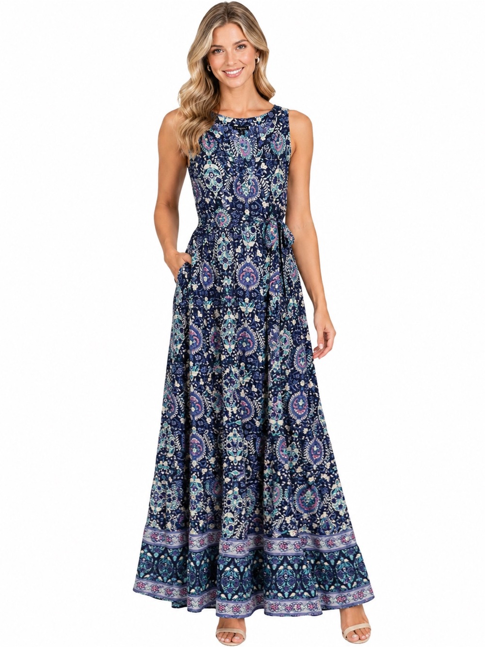 Talbots Navy Paisley-Print Sleeveless Maxi Dress